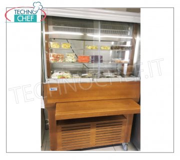 Refrigerated Display Trolley for 3GN 1/1 - USED, OPPORTUNITY Trolley with wooden refrigerated tank with glass display case above, opening on 2 sides, complete with: 2 crystal shelves, lighting on 2 sides, full-length sliding service shelf, V 230/1, Kw 0.417, size 122 cm, 5x68x164h