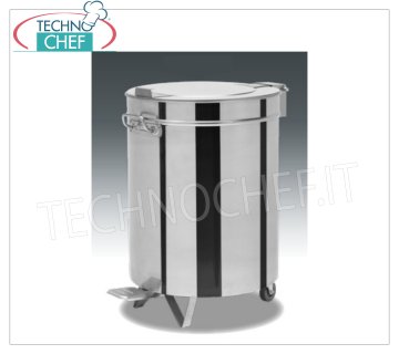 Waste bin in stainless steel on wheels, capacity lt.100 Round waste bin in stainless steel on wheels, lid with pedal opening, 100 litres, weight 8.5 kg, dim.mm.460x610x690h