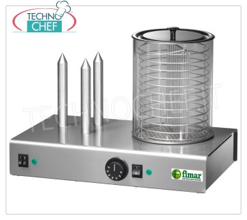 Fimar - HOT DOG MACHINE with 3 PUNCHES and WÜRSTEL WARM CYLINDER, Mod. WD3 Hot Dog Machine with 3 PUNZONI stoves and Würstel cylinder with bain-marie, thermostat 30 ÷ 90 ° C, V.230 / 1, Kw.1,1, Weight 10 Kg, dim.mm.480x300x350h